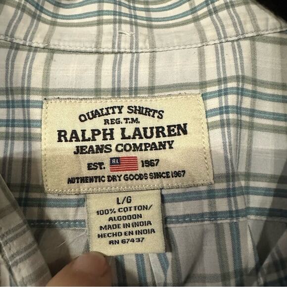 Ralph Lauren Vintage Plaid Button Front Short Sleeve Shirt Flag Logo Size Large - Picture 2 of 4